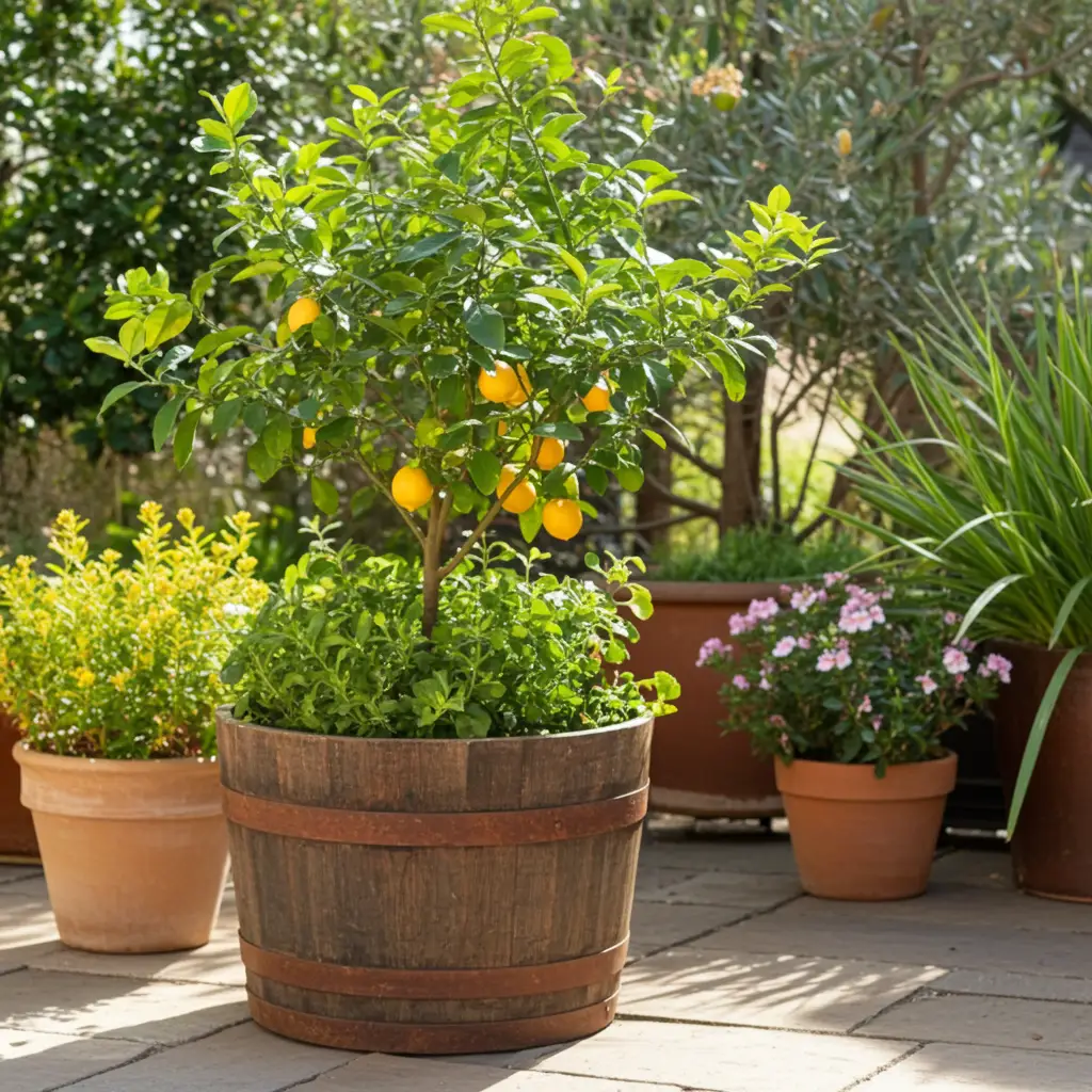 Half Whisky Barrel Planter Oak Wooden Tree Pot Olive Fruit Garden Rustic Style