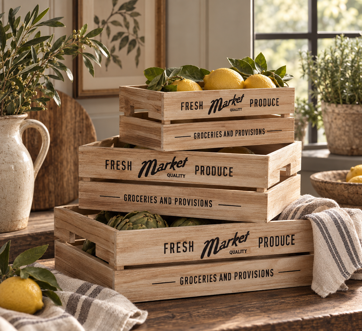 Natural Wood Set of 3 Provision Crates