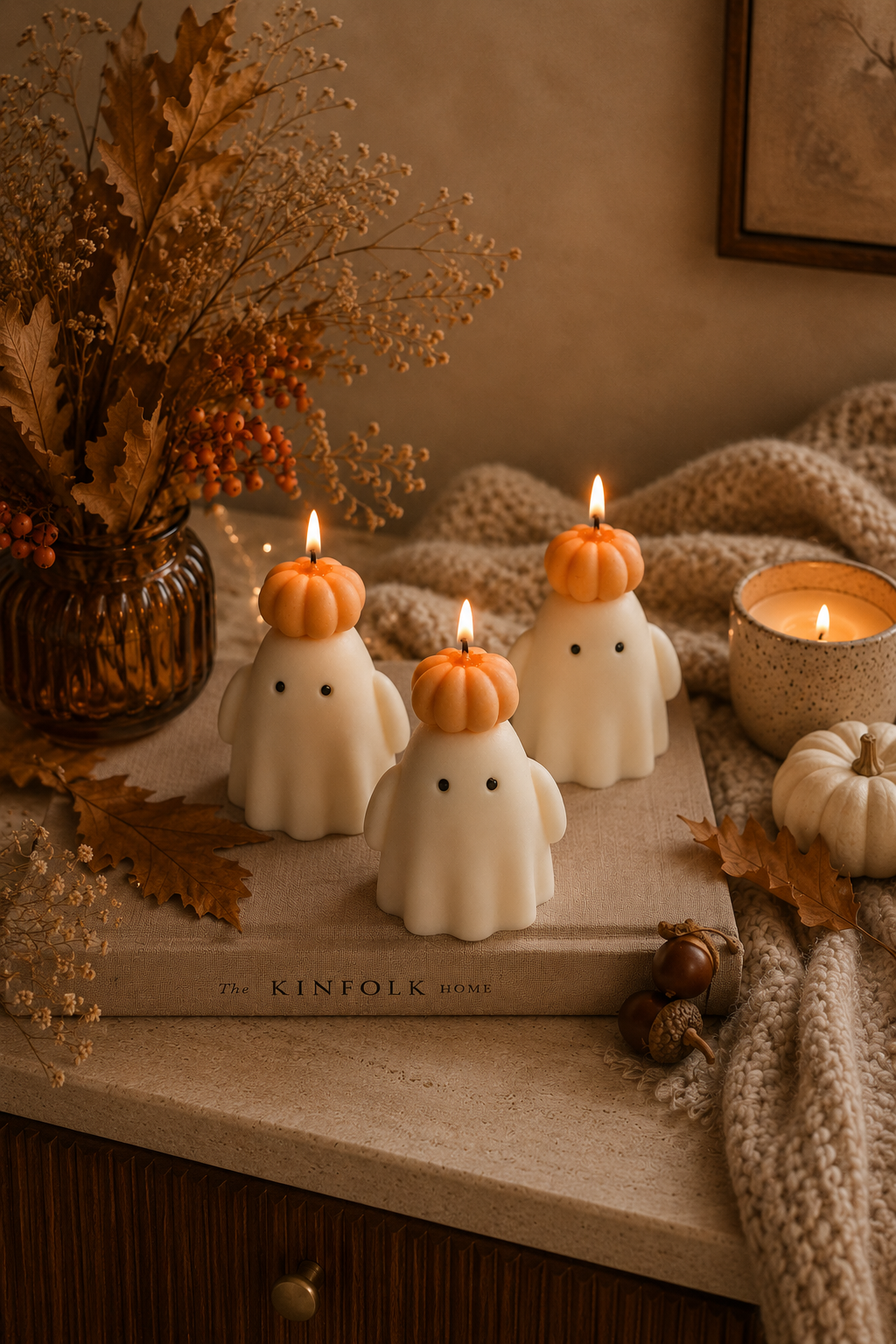 Ghost Candle with Pumpkin Hat