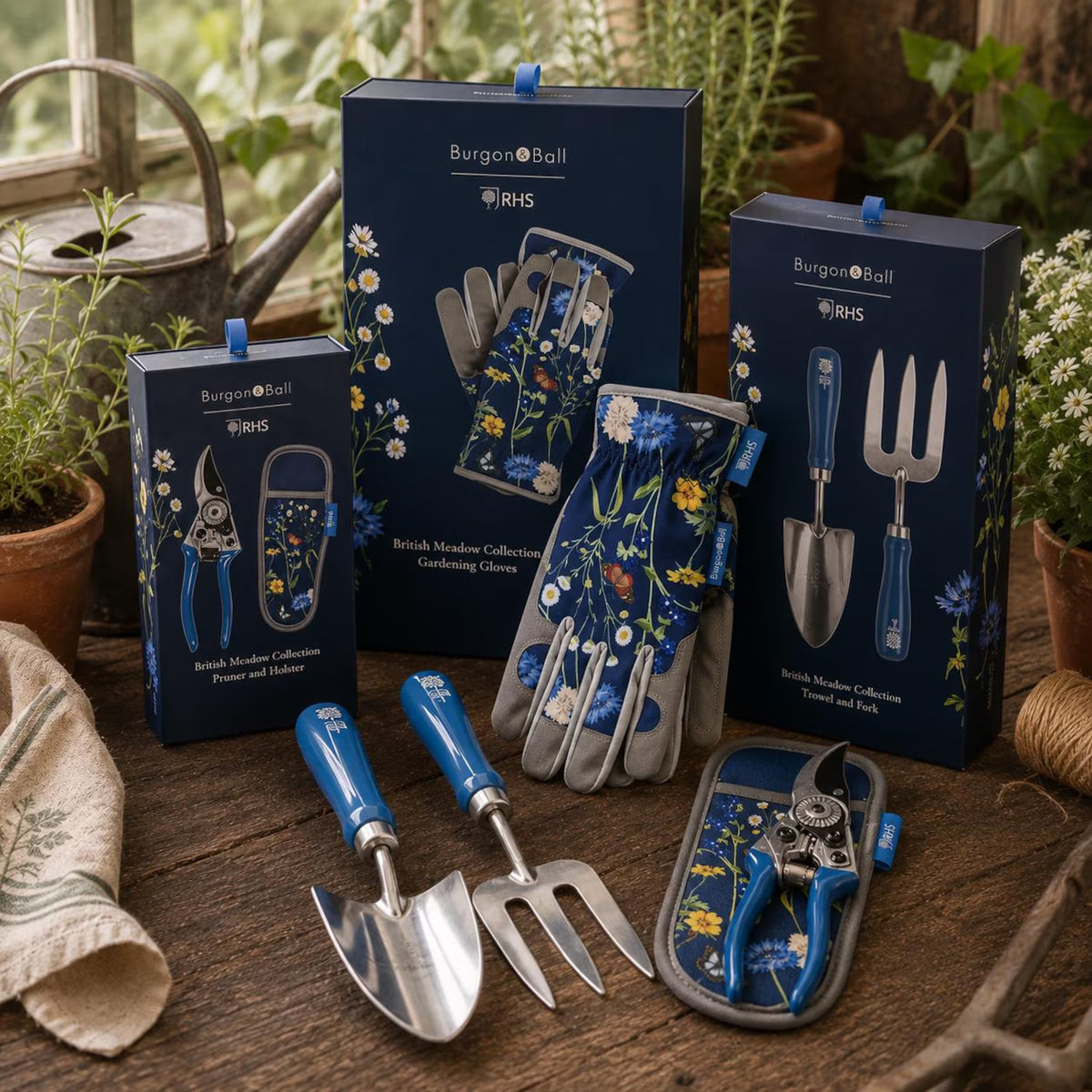 Burgon & Ball RHS British Meadow Gardening Set | Trowel, Fork, Pruner, Gloves