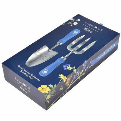 Burgon & Ball RHS British Meadow Trowel Fork Set | Engraved Hardwood Handles, Gift Boxed