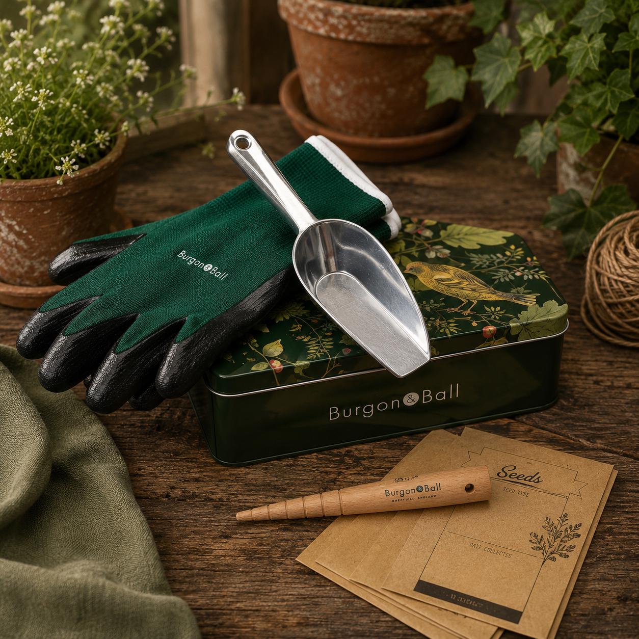 Burgon & Ball RHS Woodland Sowing Potting Tin Set | Gardening Gloves, Scoop, Dibber