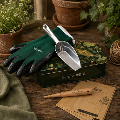 Burgon & Ball RHS Woodland Sowing Potting Tin Set | Gardening Gloves, Scoop, Dibber