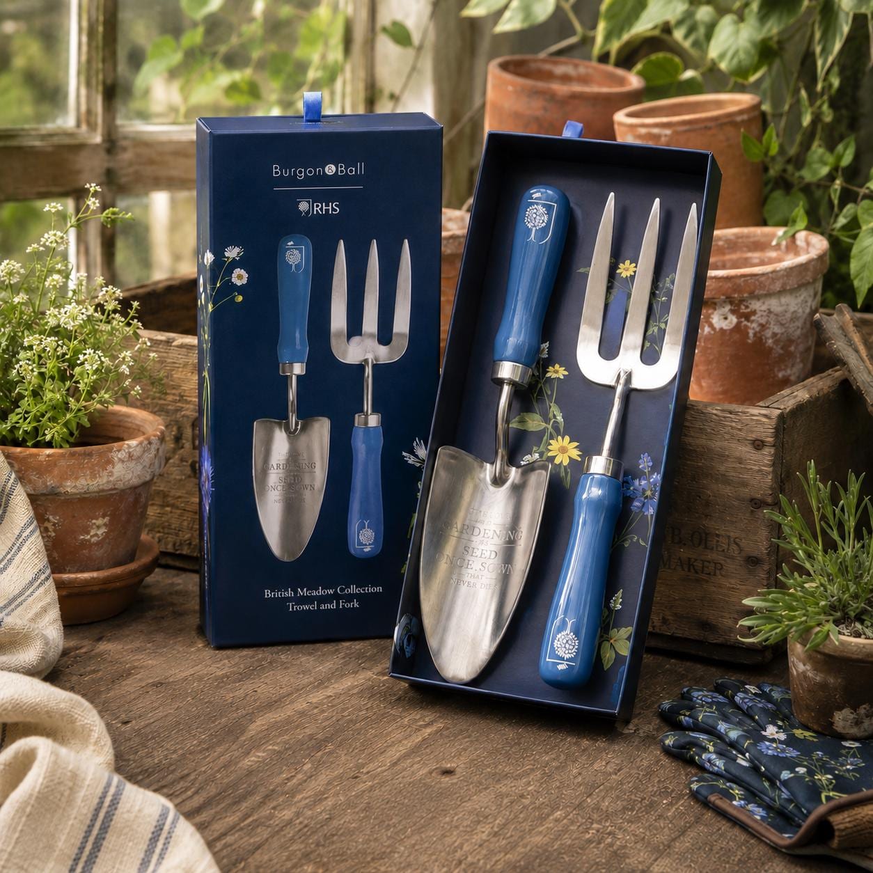 Burgon & Ball RHS British Meadow Trowel Fork Set | Engraved Hardwood Handles, Gift Boxed