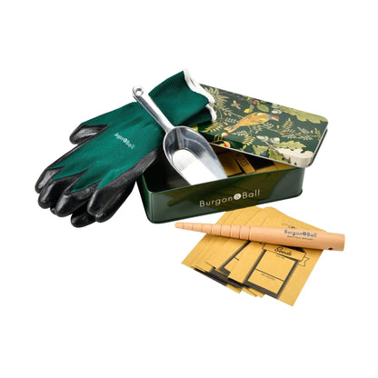 Burgon & Ball RHS Woodland Sowing Potting Tin Set | Gardening Gloves, Scoop, Dibber