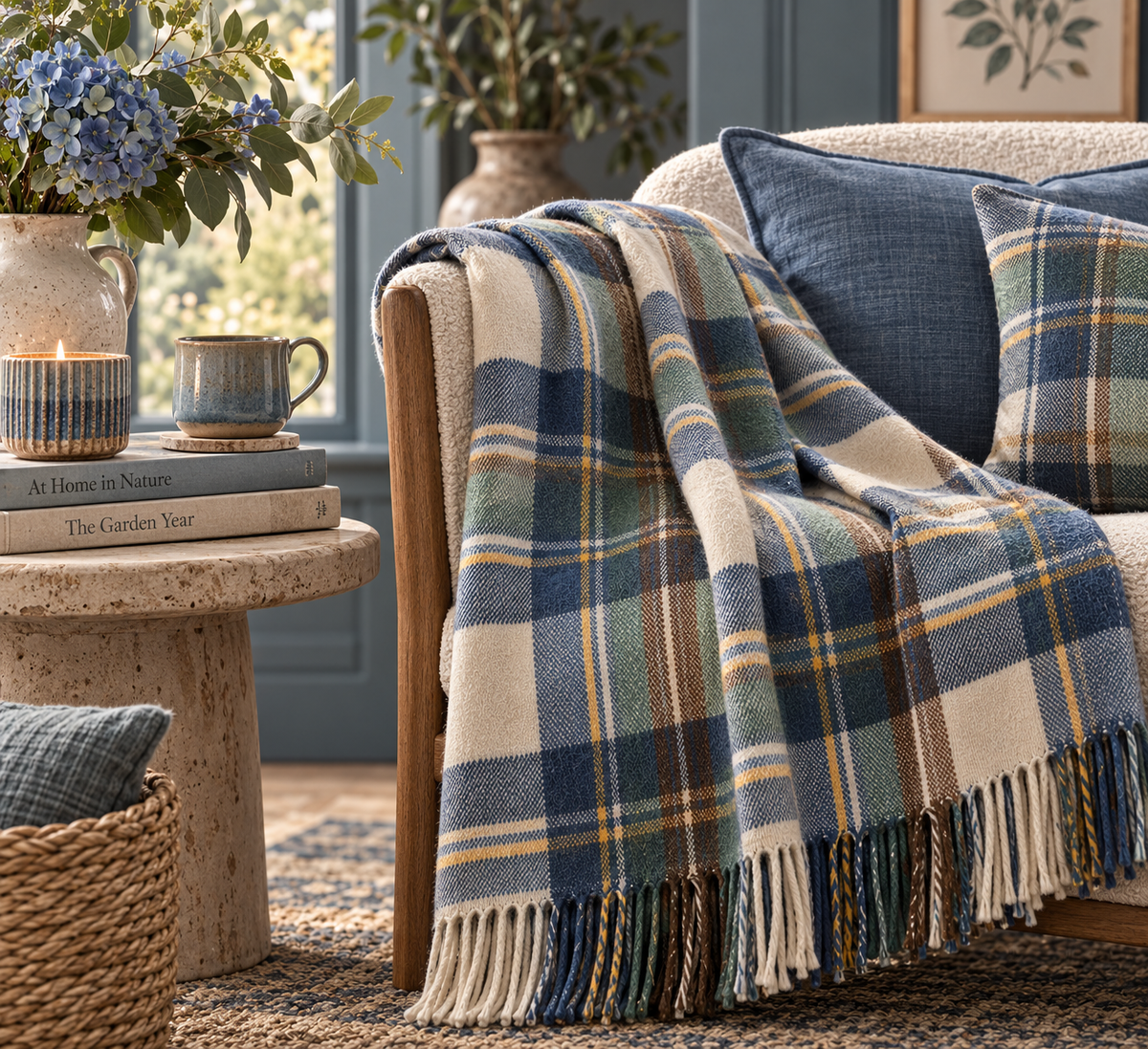 Stewart Muted Blue/Cream Recycled Wool Blanket in Soft Tartan Check